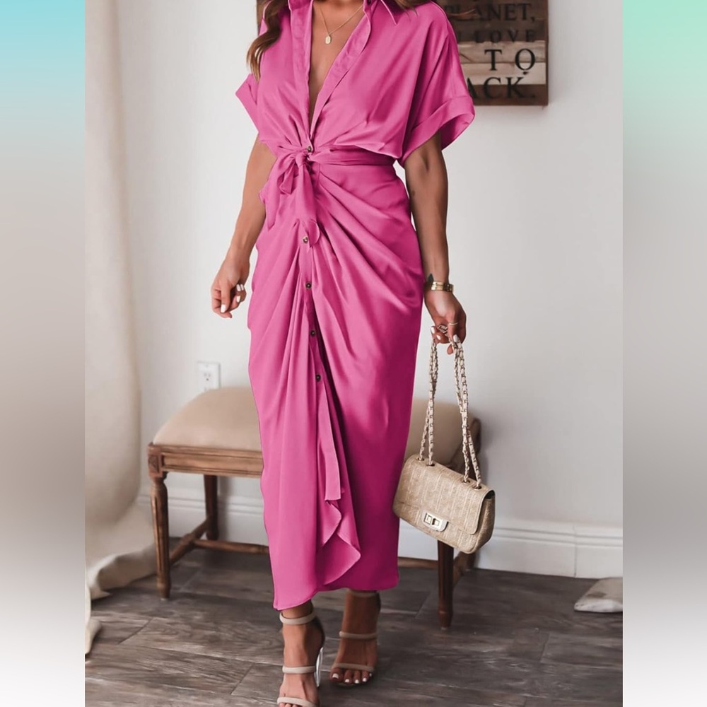 Women Elegant Satin Button Down Short Sleeve Shirt Dress